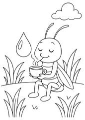 Coloring book grasshopper enjoying a warm cup of tea during a light rain