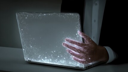 Person using laptop with digital network overlay