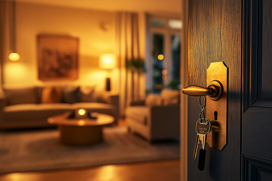 A key with a house-shaped fob hanging on a door handle in a modern home interior, a real estate concept, close-up. High-quality photo. Blurred background concept