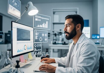 Latino Man Researching Data on Computer in Scientific Lab