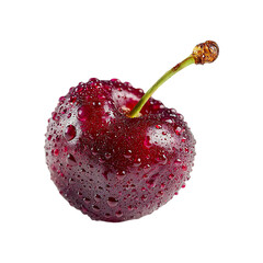 Fresh Red Cherry with Stem, Leaf, and Water Drops Isolated on Transparent Background.