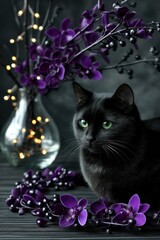 Elegant black cat with purple flowers and lights