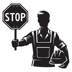 Construction Worker Silhouette Holding Stop Sign for Safety Compliance