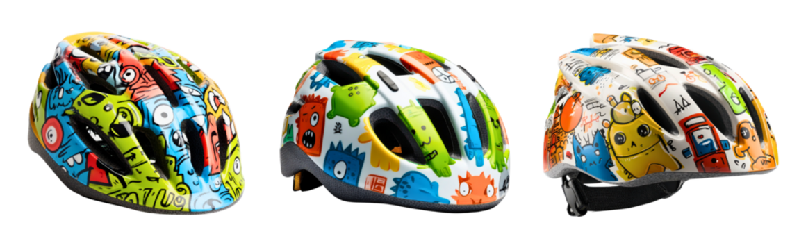 Set of colorful kids’ bike helmets featuring fun cartoon graphics and safety features isolated on a white or transparent background.