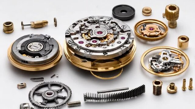 Intricate watch movement parts displayed artistically