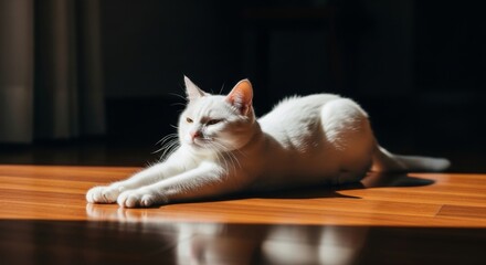 Majestic White Cat Basking in Sunlight on Hardwood Floor A Serene Moment Captured