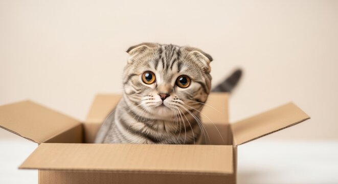 Adorable Scottish Fold Kitten Sitting in a Cardboard Box A Cute Pet Photo