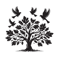 Obraz premium Oak Tree Silhouette with Birds Flying Freely Nature Icon Design