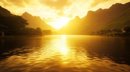 Golden sunset over a tranquil river valley.