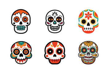 Set of Vibrant Día de los Muertos Skull Illustrations vector art on white background.