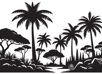 Tropical Silhouette Landscape Illustration with Palm Trees and Foliage