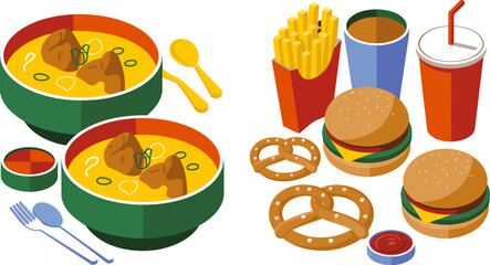Isometric fast food meal vector illustration with burger soup fries pretzel and drink design concept editable stock vector illustration
