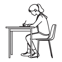 Silhouette Illustration of Girl Studying at Desk with Pen