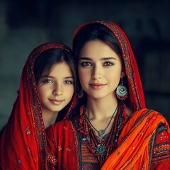 Two young women, close together, in traditional attire, with a serene expression