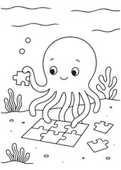 Coloring book octopus solving an undersea puzzle, a fun and educational marine coloring page