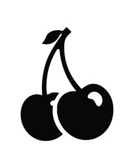 Minimalist Vector Illustration of Two Cherries with Stem and Leaf on White Background, Fruit Icon Design