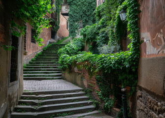 Fototapeta premium Wide shot of an ancient brick wall and green hedge