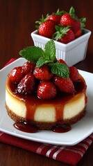 A small, round cheesecake topped with fresh strawberries and a sweet sauce, garnished with mint leaves