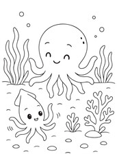 Coloring book octopus and playful squid swimming together, a cheerful undersea coloring page
