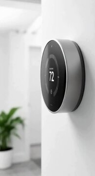 Smart thermostat on white wall with digital display showing 72