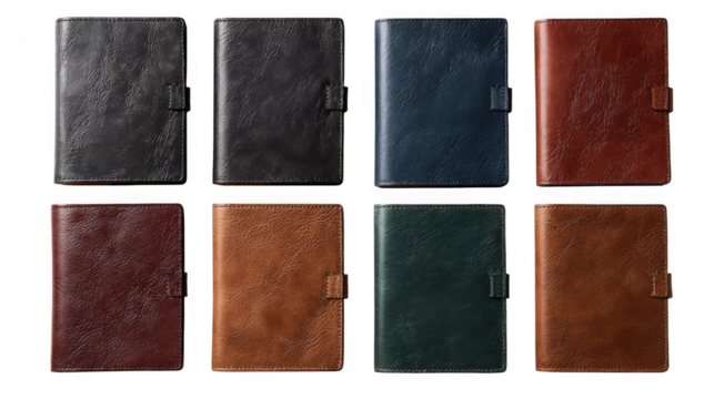 Eight leather notebooks in various colors isolated on transparent background