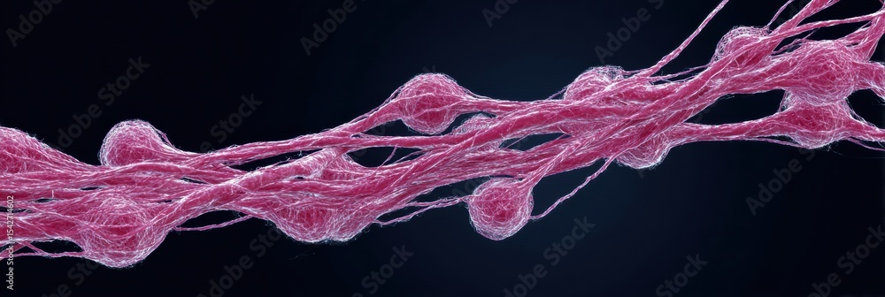 Poster Macro View of an Intricate Nerve-Like Organic Structure Showcasing Vibrant Pink Filaments Intertwined With Spherical Nodes