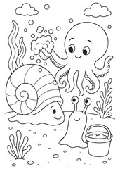 Coloring book octopus, happy snail, and slug building sandcastles under the sea
