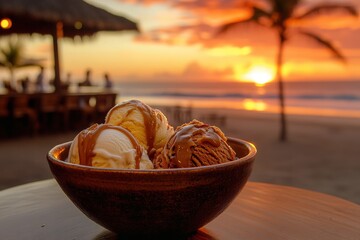 Sunset ice cream treats on a beachside table.