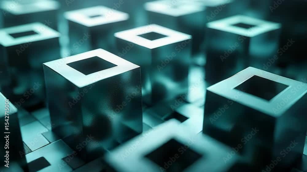 Poster teal cubes with central squares, shallow depth of field