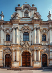 Obraz premium Wide-angle view of a stunning baroque church facade under blue sky