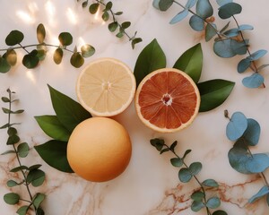 Two citrus halves on marble with eucalyptus