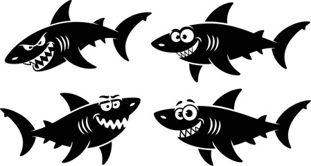 Fototapeta premium Cartoon shark vector illustration set of cute and scary sharks marine life animals predator silhouette design editable stock vector illustration