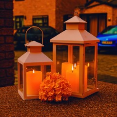 Two white lanterns with candles and flowers