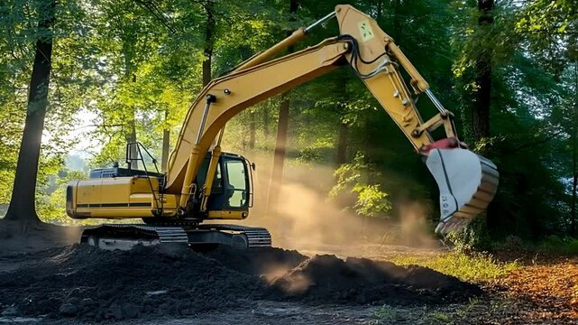 Wood forwarder operated by a forestry tractor in a lush clearing under intense sunlight.