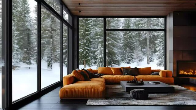 Cozy Living Room Interior Design with Fireplace and Forest View Illustration. Generative ai