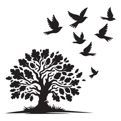 Oak Tree Silhouette with Flock of Birds Graphic Nature Vector