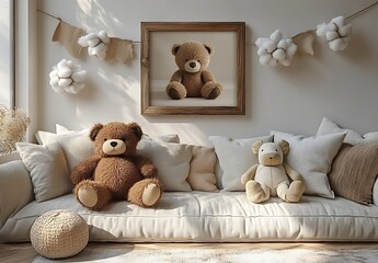 Living Room Mockup with Beige Sofa and Cotton Flower Wall Decor

