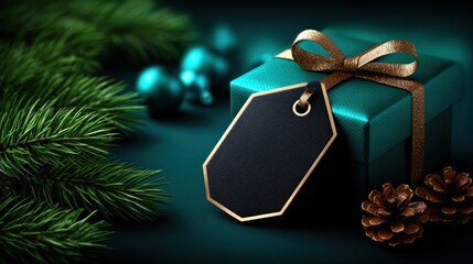 Teal gift box with blank tag, Christmas accents