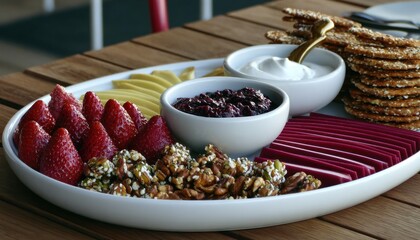 Colorful platter of assorted snacks and fruit