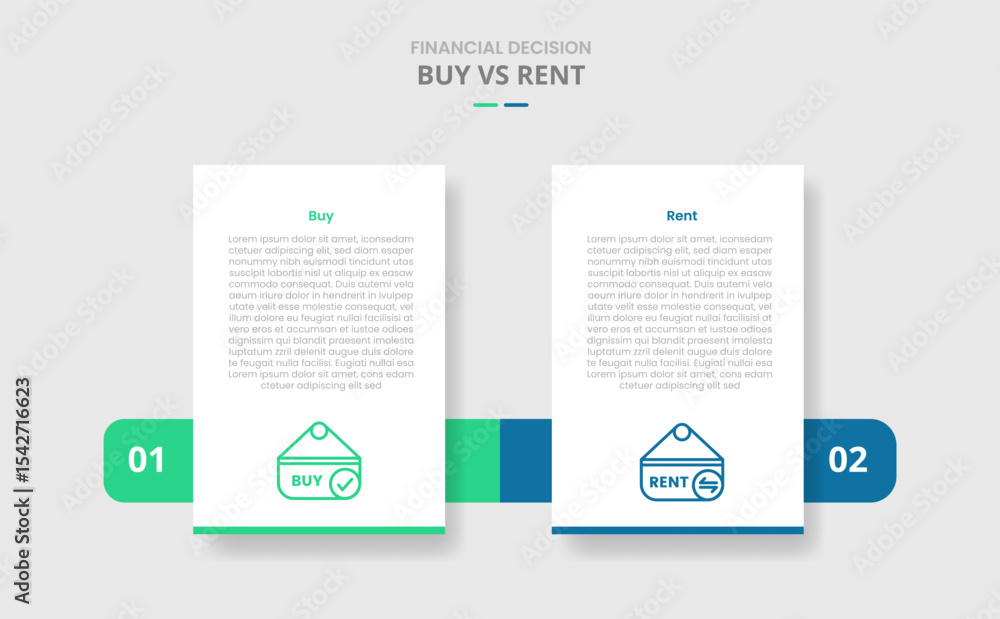 Poster buy vs rent comparison for infographic with vertical standing box and horizontal box through drop sh