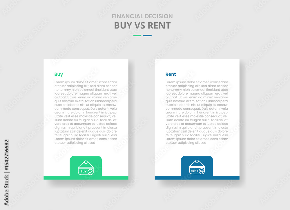 Poster buy vs rent comparison for infographic with vertical box with badge on bottom drop shadow style with