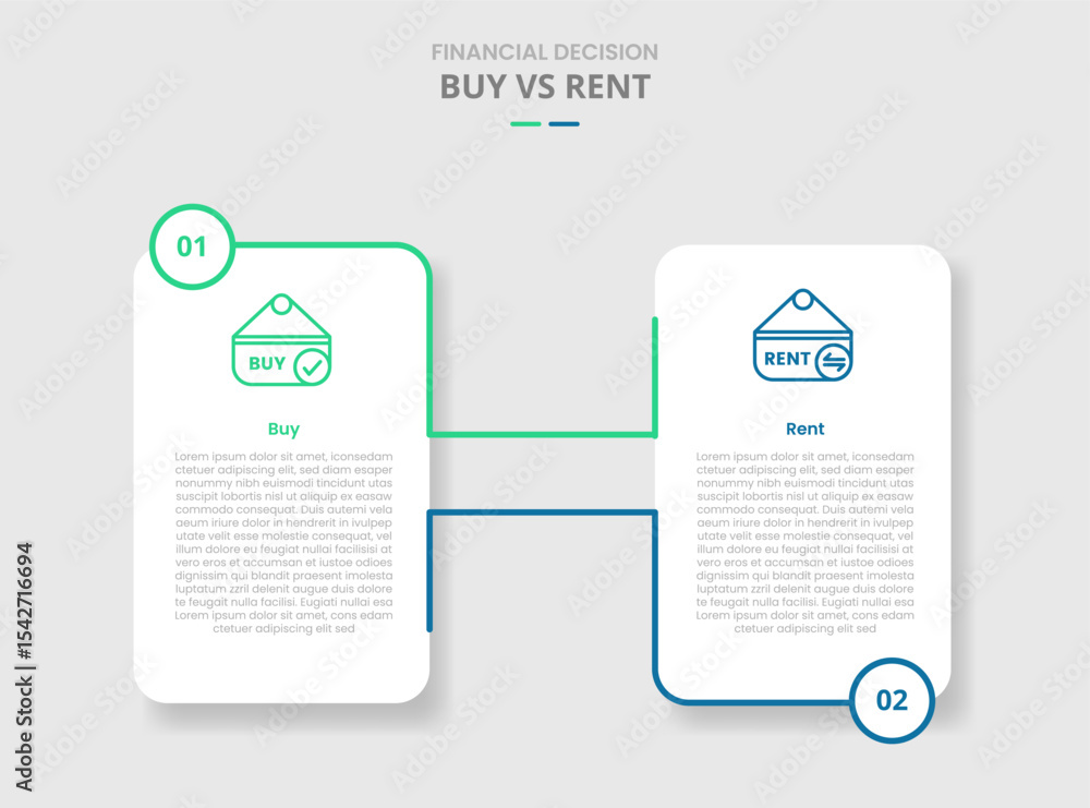 Poster buy vs rent comparison for infographic with vertical box connect or linked by line drop shadow style