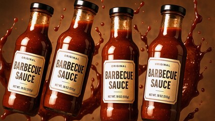 Four original barbecue sauce bottles splashing against a rich brown background, creating a vibrant and mouthwatering scene that highlights the essence of flavorful cooking and grilling