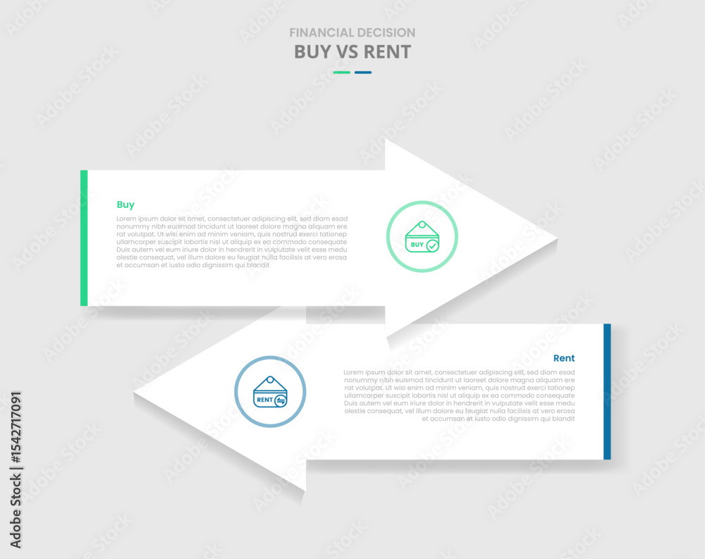 Poster buy vs rent comparison for infographic with big arrow container opposite direction drop shadow style