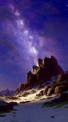 Majestic mountain landscape under a clear starry sky at night in a remote location