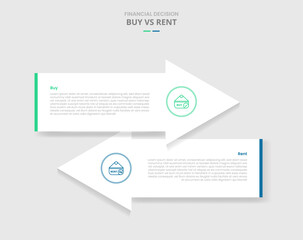 buy vs rent comparison for infographic with big arrow container opposite direction drop shadow style with two point list information