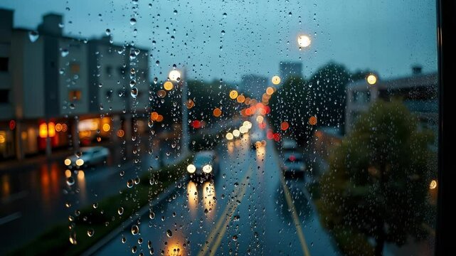 Rain-streaked Window Blurring Urban Cityscape Stunning 4K Footage Sixty Frames Per Second
