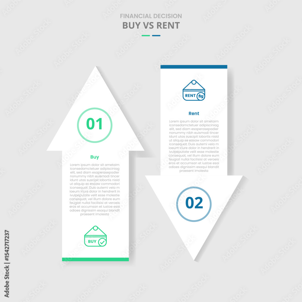 Poster buy vs rent comparison for infographic with big arrow top and bottom direction opposite drop shadow 