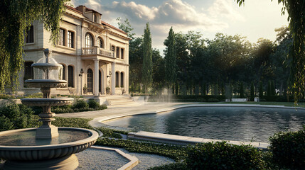 Majestic Palace-Style Building Overlooking Tranquil Lake Under Clear Blue Sky