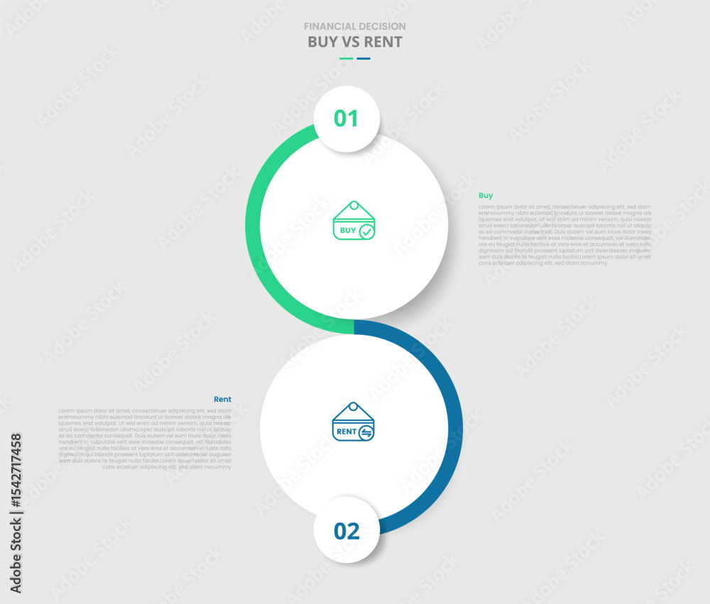 Poster buy vs rent comparison for infographic with big circle vertical stacked drop shadow style with two p